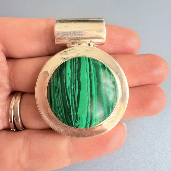 Large 44.89 CT Malachite Sterling Silver 925 Enhancer 1.75" Slide Pendant - Picture 6 of 7